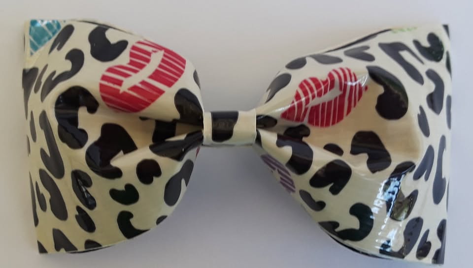 White Cheetah Colored Kisses Duct Tape Hair Clip Bow